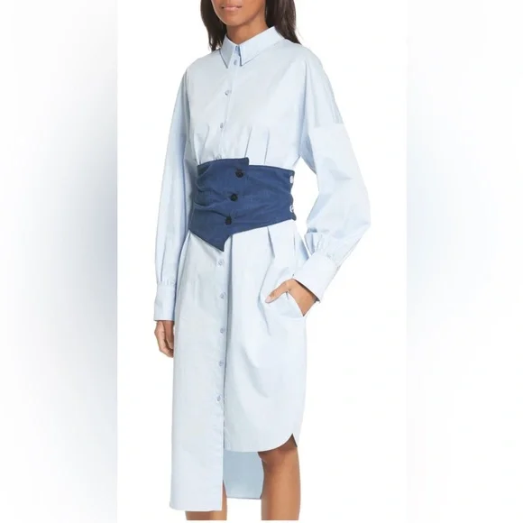 Tibi XS Corset Shirtdress Blue Cotton Poplin Midi Dress - Picture 8 of 12